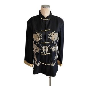 Dragon Embroidered Mandarin Collar Jacket‎ Asian Style Black Gold Trim
